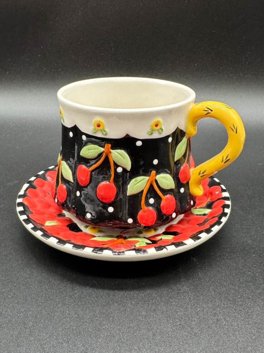 Vintage Mary Engelbreit "Very Cherry" 3D Ceramic teacup and saucer set 2001